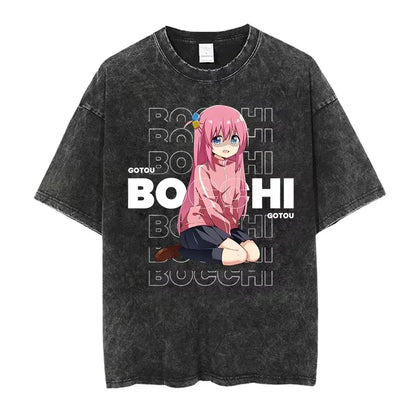 Bocchi The Rock: Manga Ryo Top Print Vintage T-Shirt Casual Basis O-Collar Black Shirt Short Sleeve Washed T-Shirt