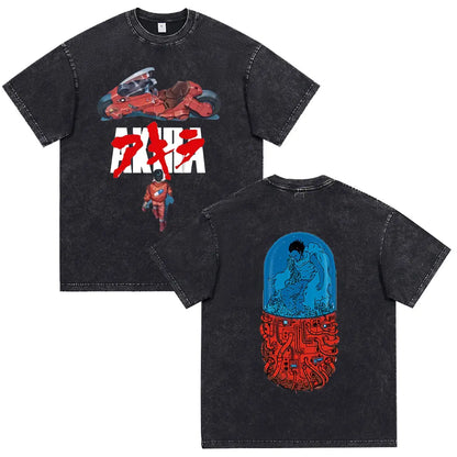 Akira: Washed Vintage T Shirt Science Fiction Cartoon Movie Shotaro Kaneda T-shirt Cotton Casual T-shirt