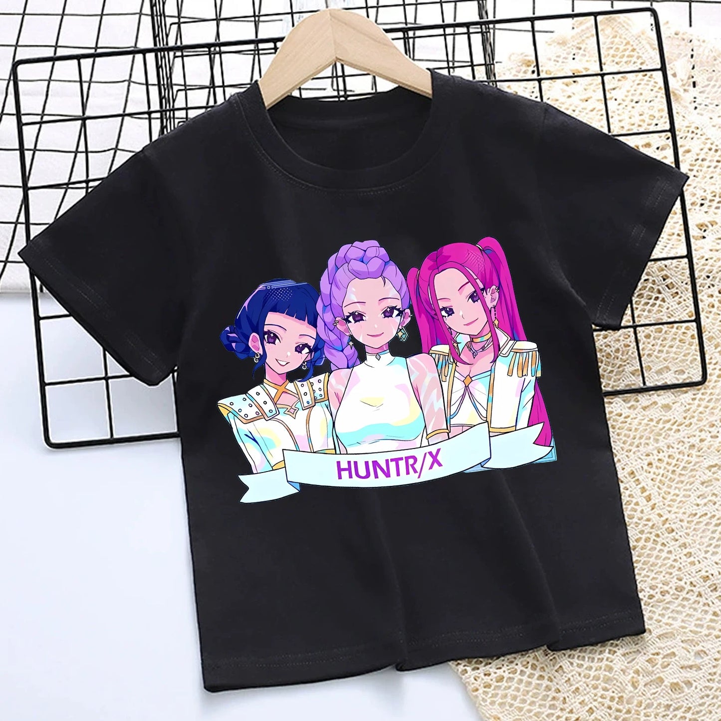 KPop Demon Hunters: T-shirt for Children Cartoon Black Tee Top Girls Round Collar Short Sleeve Clothes Kids Summer Clothing Gift