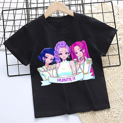 KPop Demon Hunters: T-shirt for Children Cartoon Black Tee Top Girls Round Collar Short Sleeve Clothes Kids Summer Clothing Gift