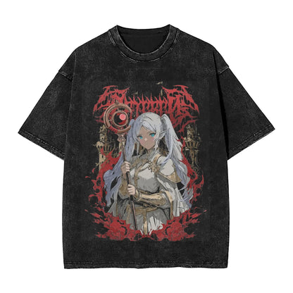 Frieren: The Slayer Heavy Metal Washed T Shirts Streetwear Hip Hop Retro T-Shirts  Tees for Men Women 100% Cotton Street Graphic