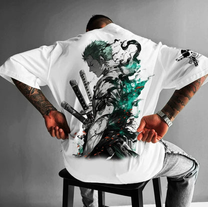 One Piece: Zoro - Japanese-style Animation Loose Large-size Retro Heavy Cotton Couple Crew Neck Short-sleeved T-shirt