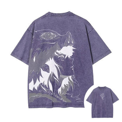 Demon Slayer: Men's Women's Washed T-Shirt Inosuke Hashibira Summer Spring Anime Tee Retro Distressed High Quality Short Sleeve