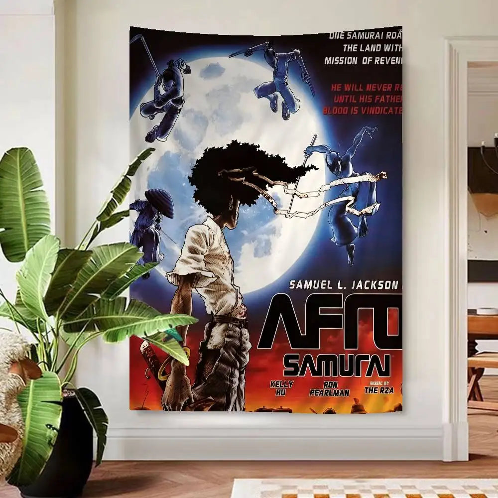 Afro Samurai:  Anime Tapestry Hippie Flower Wall Carpets Dorm Decor Cheap Hippie Wall Hanging