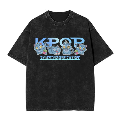K-Pop Demon Hunters Washed T-Shirt Man Derpy Tiger Casual T-Shirts Summer Breathable Trendy Tee Shirt Design Plus Size Clothes