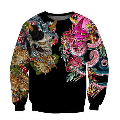 I.L.F.A.: Japanese Mythology Mask Printed Sweatshirt Men's Clothes Harajuku Street Pullover Top 3D Printed Mysterious Culture Sweatshirts
