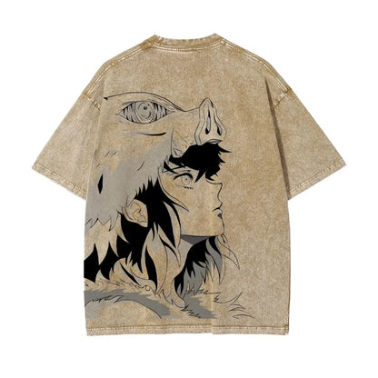 Demon Slayer: Men's Women's Washed T-Shirt Inosuke Hashibira Summer Spring Anime Tee Retro Distressed High Quality Short Sleeve