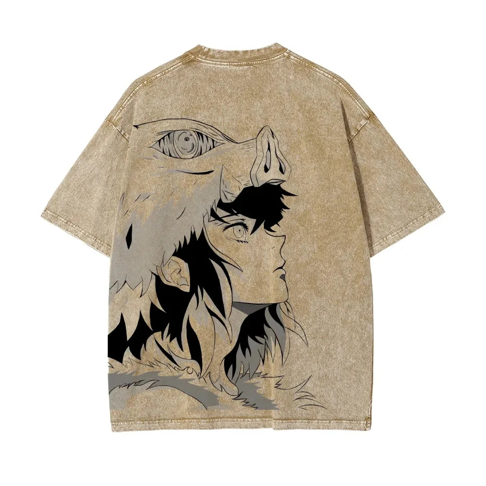 Demon Slayer: Men's Women's Washed T-Shirt Inosuke Hashibira Summer Spring Anime Tee Retro Distressed High Quality Short Sleeve