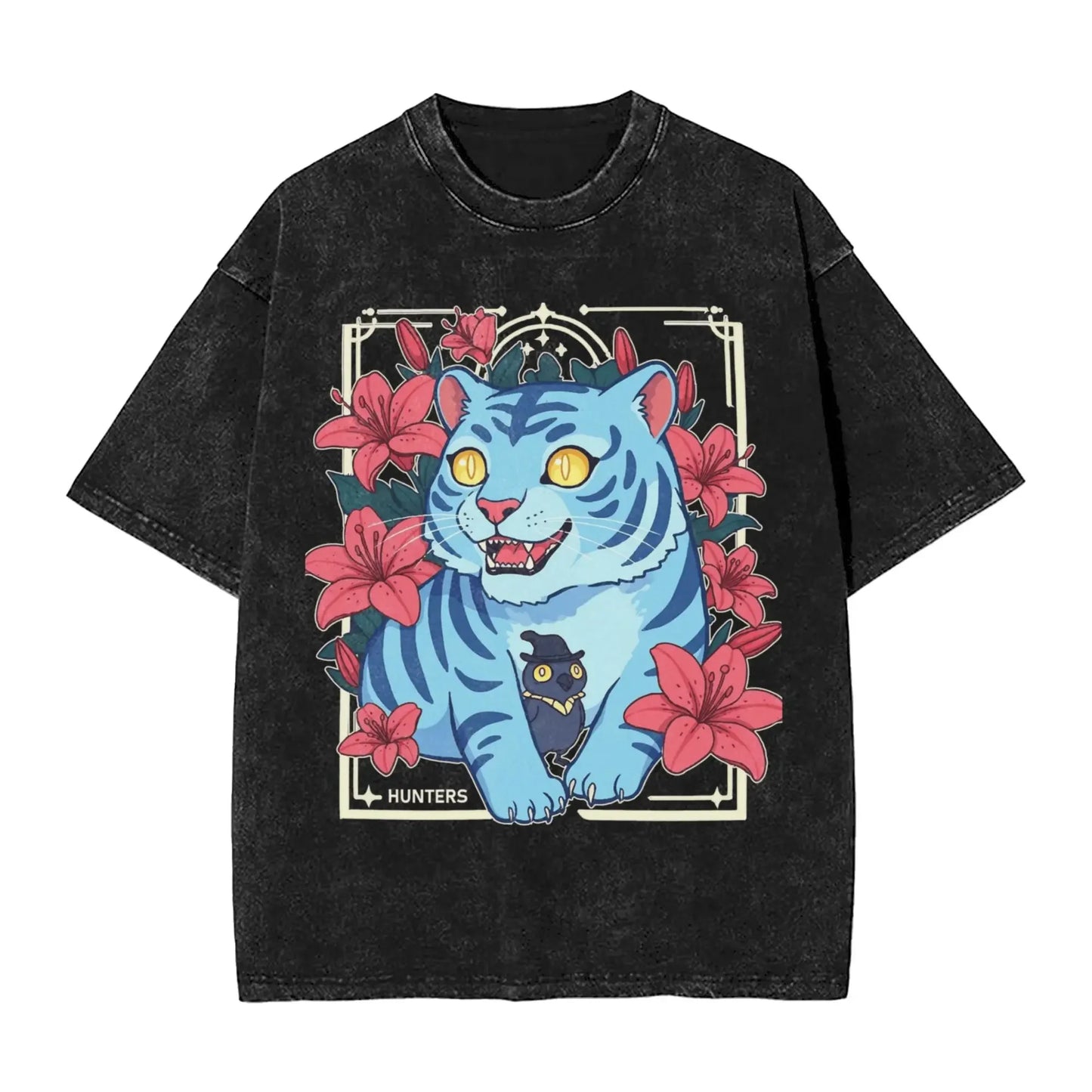 K-Pop Demon Hunters Washed T-Shirt Man Derpy Tiger Casual T-Shirts Summer Breathable Trendy Tee Shirt Design Plus Size Clothes