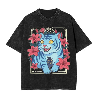 K-Pop Demon Hunters Washed T-Shirt Man Derpy Tiger Casual T-Shirts Summer Breathable Trendy Tee Shirt Design Plus Size Clothes