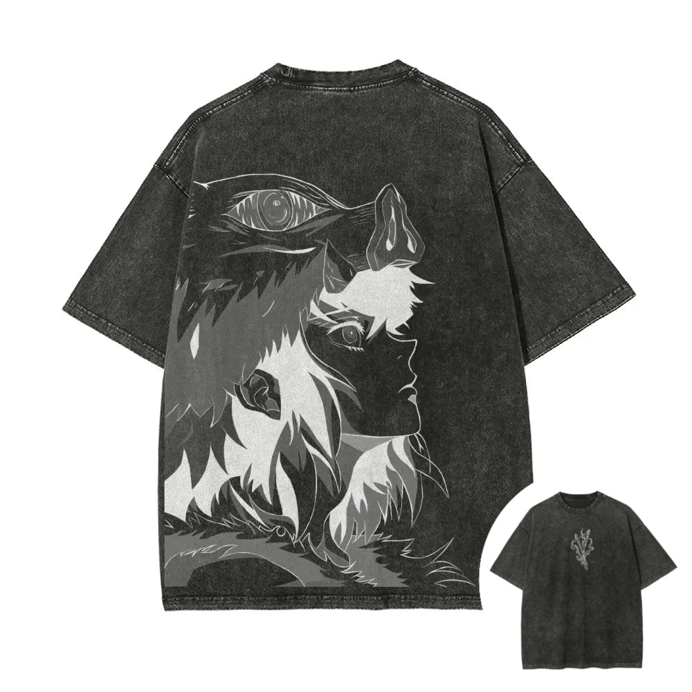 Demon Slayer: Men's Women's Washed T-Shirt Inosuke Hashibira Summer Spring Anime Tee Retro Distressed High Quality Short Sleeve