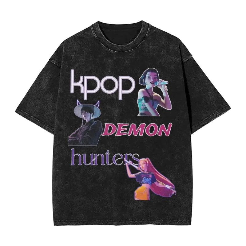 K-Pop Demon Hunters Washed T-Shirt Man Derpy Tiger Casual T-Shirts Summer Breathable Trendy Tee Shirt Design Plus Size Clothes