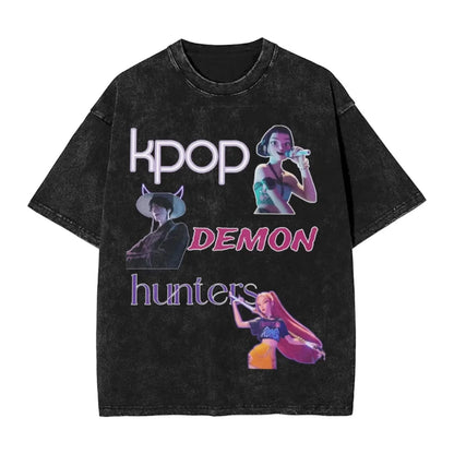 K-Pop Demon Hunters Washed T-Shirt Man Derpy Tiger Casual T-Shirts Summer Breathable Trendy Tee Shirt Design Plus Size Clothes