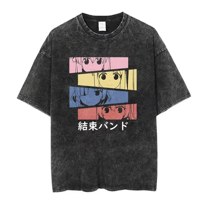 Bocchi The Rock: Manga Ryo Top Print Vintage T-Shirt Casual Basis O-Collar Black Shirt Short Sleeve Washed T-Shirt