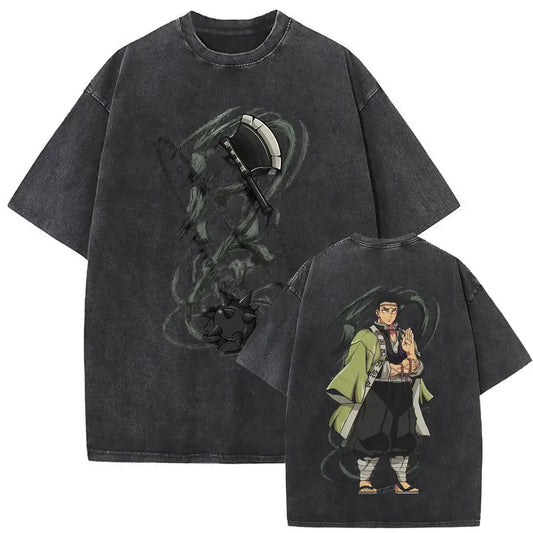 Demon Slayer: Washed Vintage Anime Akaza Graphic T-shirts Men Women Clothing Cotton Oversized Short Sleeve T Shirts Streetwear
