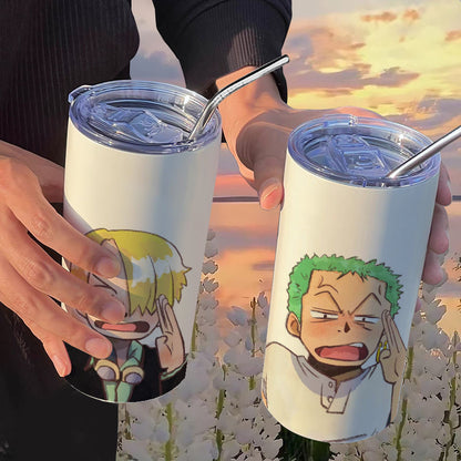 One Piece: Luffy Roronoa Zoro Coffee Cups with Straw Kawaii Cartoon Anime Nami Portgas D Ace Portable Stainless Steel Thermos Cup