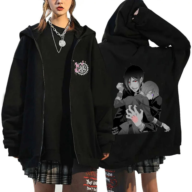 Anime Black Butler Michaelis Sebastian Phantomhive Ciel Print Hooded Men Women Hoodies Casual Sweatshirt Harajuku Zipper Jacket