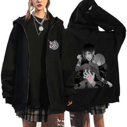 Anime Black Butler Michaelis Sebastian Phantomhive Ciel Print Hooded Men Women Hoodies Casual Sweatshirt Harajuku Zipper Jacket