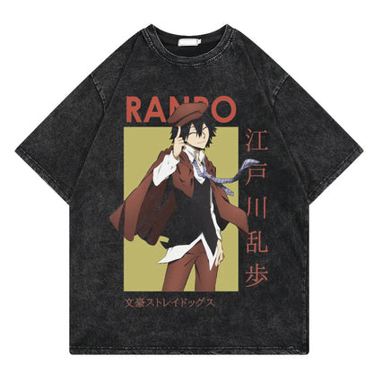 Bungo Stray Dogs: Vintage Washed Tshirt Loose Y2k Streetwear Print Casual 100% Cotton Harajuku Cool Tops Tees For Men Women