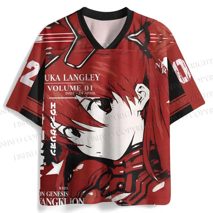 Neon Genesis Evangelion: New Asuka Langley Jersey NERV Logo V-Neck Short Sleeve T-shirt Anime Mecha Fan Casual Streetwear