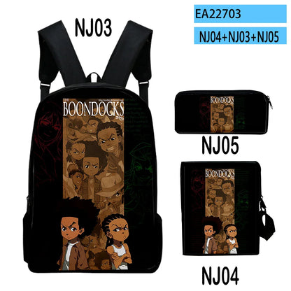 The Boondocks: Harajuku Popular   3D Print 3pcs/Set pupil School Bags Laptop Daypack Backpack Inclined shoulder bag Pencil Case