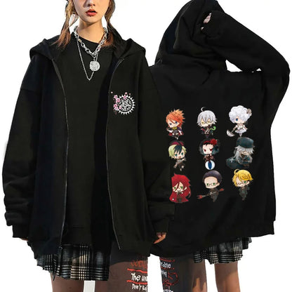 Anime Black Butler Michaelis Sebastian Phantomhive Ciel Print Hooded Men Women Hoodies Casual Sweatshirt Harajuku Zipper Jacket