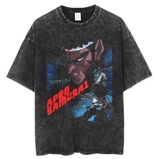 Afro Samurai: 2025 Summer Casual Oversized  T-shirt Anime Printing Mens  Vintage Washed Hip Hop Tees Unisex Short Sleeve tops