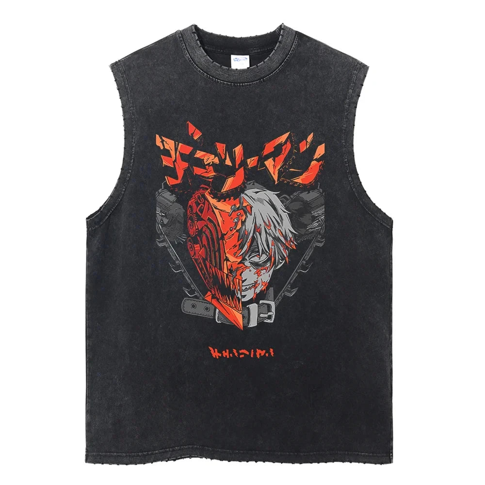 Chainsaw Man: Distressed Tank Top Reze Bomb Devil Hybrid Print Men Women Cotton Loose Fit Comfort Gym Streetwear Unisex