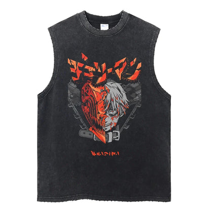 Chainsaw Man: Distressed Tank Top Reze Bomb Devil Hybrid Print Men Women Cotton Loose Fit Comfort Gym Streetwear Unisex