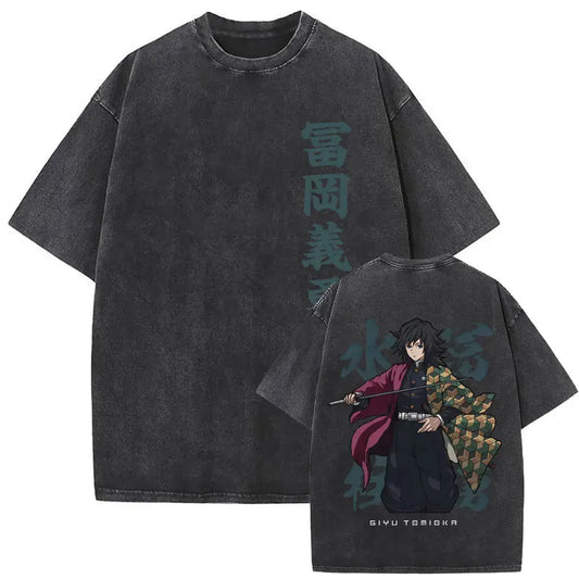 Demon Slayer: Washed Vintage Anime Akaza Graphic T-shirts Men Women Clothing Cotton Oversized Short Sleeve T Shirts Streetwear