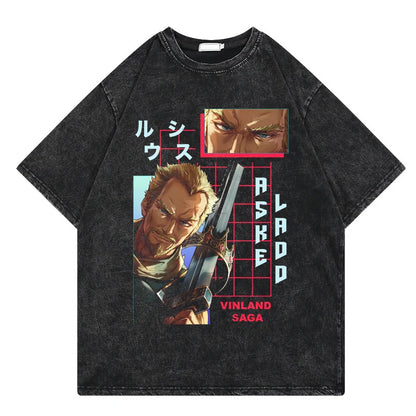 Vinland Saga: Vintage Washed Tshirt Graphic Print Hip Hop Streetwear Loose Y2k Summer Short Sleeve Harajuku 100% Cotton Top