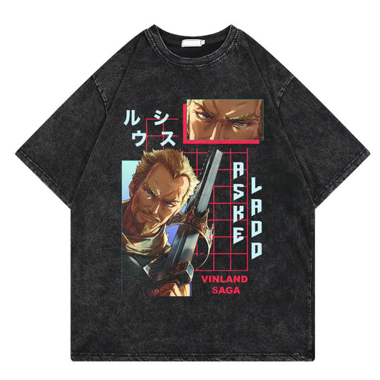Vinland Saga: Vintage Washed Tshirt Graphic Print Hip Hop Streetwear Loose Y2k Summer Short Sleeve Harajuku 100% Cotton Top