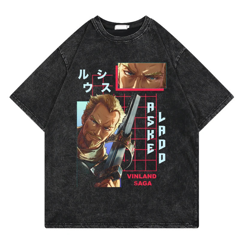 Vinland Saga: Vintage Washed Tshirt Graphic Print Hip Hop Streetwear Loose Y2k Summer Short Sleeve Harajuku 100% Cotton Top