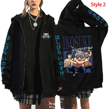 Demon Slayer: Hot Hashibira Inosuke Printing Zipper Hoodie Fashion Y2k Personality Zipper Long Sleeve Hooded Sweatshirt