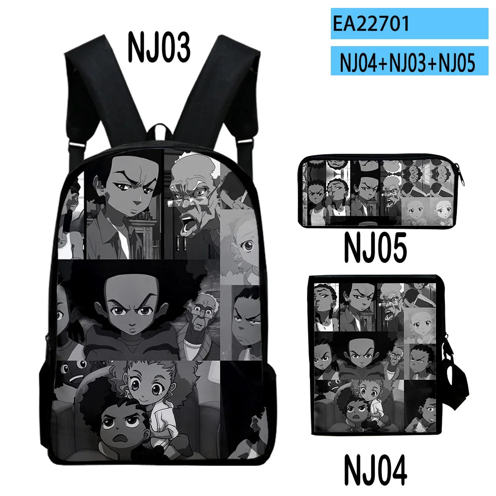 The Boondocks: Harajuku Popular   3D Print 3pcs/Set pupil School Bags Laptop Daypack Backpack Inclined shoulder bag Pencil Case
