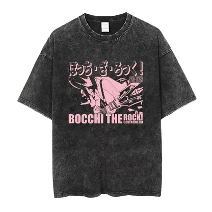 Bocchi The Rock: Manga Ryo Top Print Vintage T-Shirt Casual Basis O-Collar Black Shirt Short Sleeve Washed T-Shirt