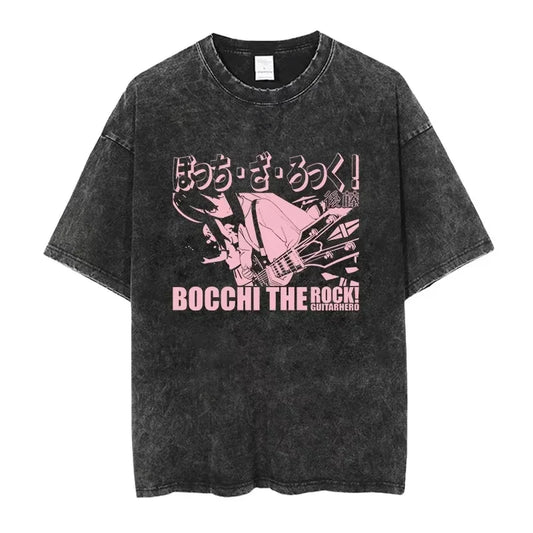 Bocchi The Rock: Manga Ryo Top Print Vintage T-Shirt Casual Basis O-Collar Black Shirt Short Sleeve Washed T-Shirt