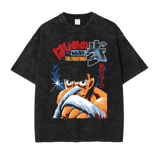 Hajime no Ippo: T-shirts Streetwear Vintage Washed Fighting Spirit T Shirt Oversized Short Sleeve Retro Manga Tops Tees Men