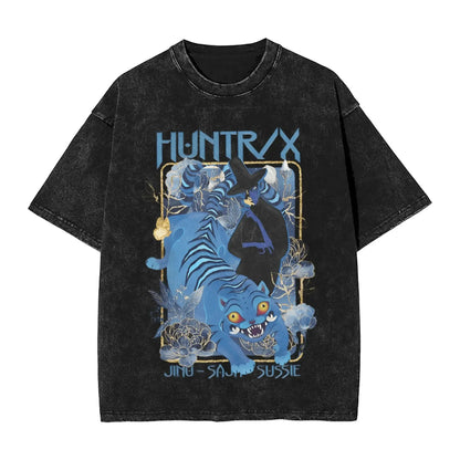 K-Pop Demon Hunters Washed T-Shirt Man Derpy Tiger Casual T-Shirts Summer Breathable Trendy Tee Shirt Design Plus Size Clothes