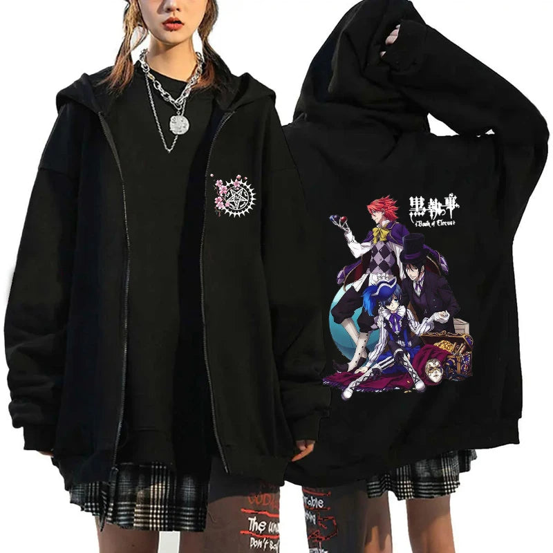 Anime Black Butler Michaelis Sebastian Phantomhive Ciel Print Hooded Men Women Hoodies Casual Sweatshirt Harajuku Zipper Jacket