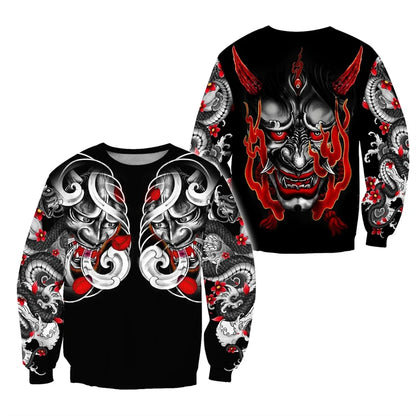 I.L.F.A.: Japanese Mythology Mask Printed Sweatshirt Men's Clothes Harajuku Street Pullover Top 3D Printed Mysterious Culture Sweatshirts