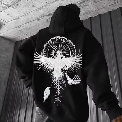 I.L.F.A. - Totem Viking Eagle Print Y2K Men Long-sleeve Hooded Sweatshirt Autumn Winter Daily Outdoor Casual Street Fashion Sportswear