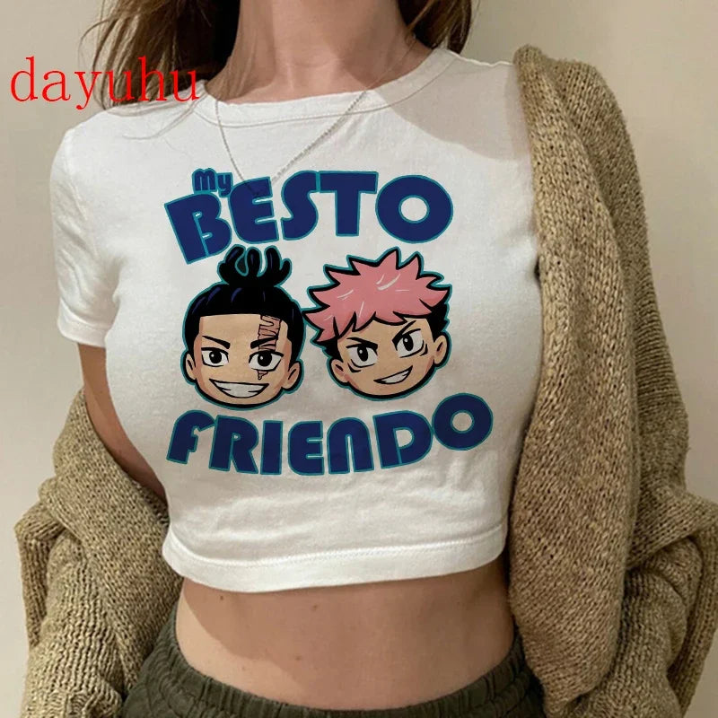 Jujutsu Kaisen: T Shirt Gojo Satoru Tops Yuji Itadori Cropped Tees T-shirt