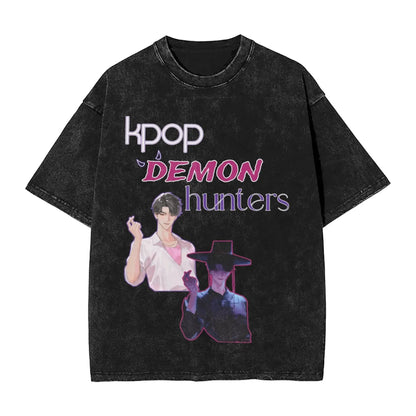 K-Pop Demon Hunters Washed T-Shirt Man Derpy Tiger Casual T-Shirts Summer Breathable Trendy Tee Shirt Design Plus Size Clothes