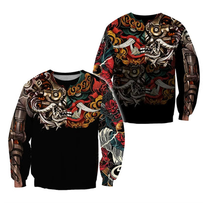 I.L.F.A.: Japanese Mythology Mask Printed Sweatshirt Men's Clothes Harajuku Street Pullover Top 3D Printed Mysterious Culture Sweatshirts
