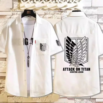 Attack on Titan: Casual Short Sleeve Shirt Loose Unisex Button Print Pattern Top