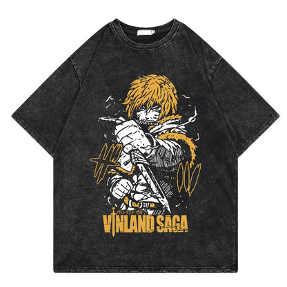 Vinland Saga: Vintage Washed Tshirt Graphic Print Hip Hop Streetwear Loose Y2k Summer Short Sleeve Harajuku 100% Cotton Top