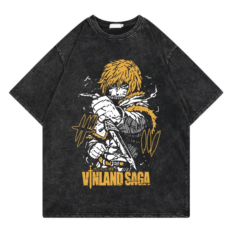 Vinland Saga: Vintage Washed Tshirt Graphic Print Hip Hop Streetwear Loose Y2k Summer Short Sleeve Harajuku 100% Cotton Top