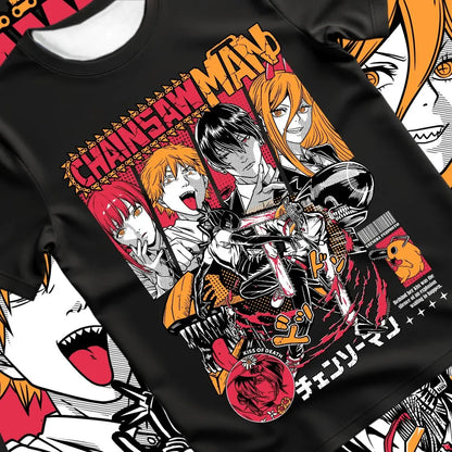 Chainsaw Man: Crew Is Assembled! Machima + Denji + Power Comic-style All-over 3D Print Trendy Short-sleeved Shirts.