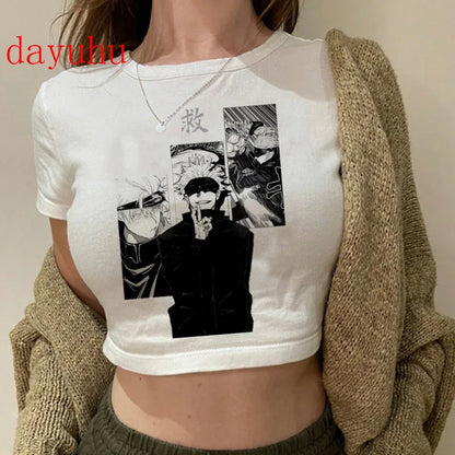 Jujutsu Kaisen: T Shirt Gojo Satoru Tops Yuji Itadori Cropped Tees T-shirt